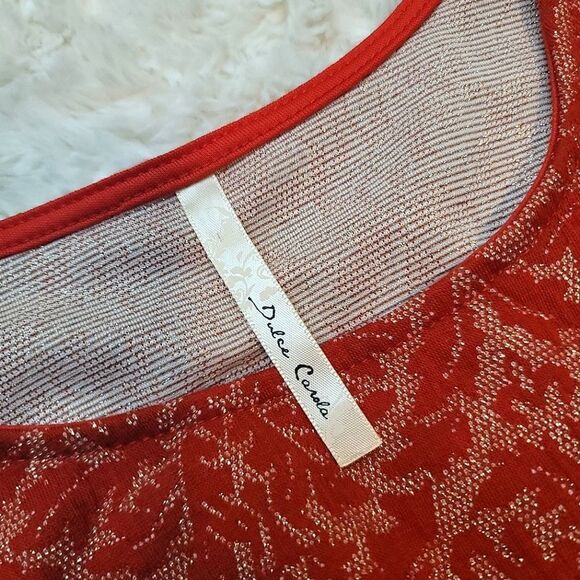 Dulce Carola Red & Gold Sparkly Lace Asymmetrical Cropped Sleeve Mini Dress - Picture 8 of 9